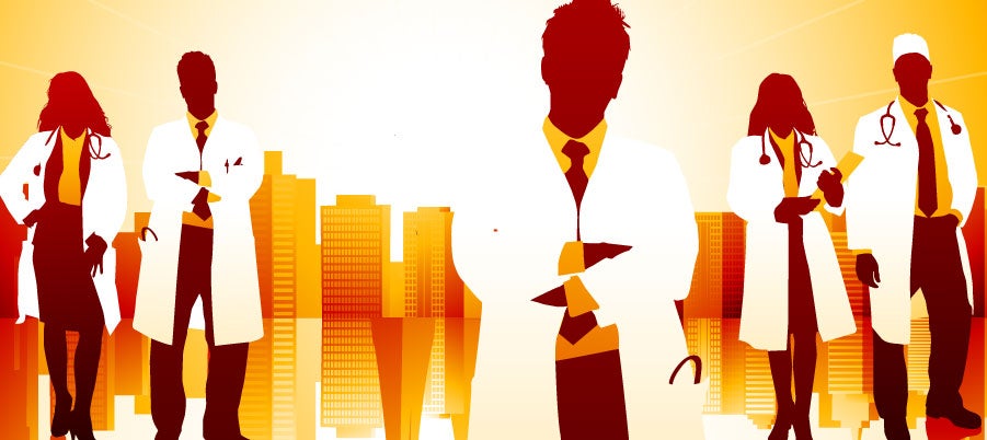 illustration of doctors standing in front of of a cityscape