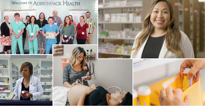 340B Benefits Patients and Communities: Examples from the Frontlines. Staff at Adirondack Health stand together with an award they received. A clinician stands in front of pharmacy shelves. A pharmacist in a hospital fills a prescription. A clinician performs an ultrasound on a pregnant patient. A pharmacist places a prescription drug bottle in a mailing envelope.