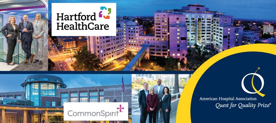 A split image showing Hartford HealthCare's logo and hospital building at the top with three of their hospital executives shown to the right. Underneath is the CommonSpirit Health logo and hospital building with four hospital executives standing to the right. In the bottom right corner is the Quest for Quality Prize logo and branding. 