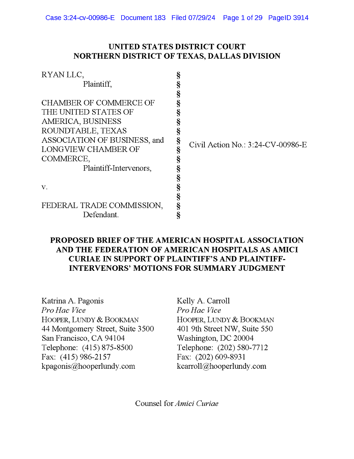 AHA, FAH Amicus Brief in FTC Non-Compete Case page 1.
