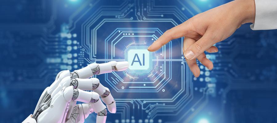 A robot and and a human hand touch over an image reading AI